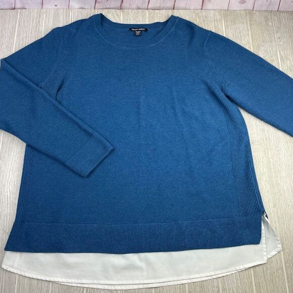 Hilary Radley Teal Blue long sleeve round neck 2fer sweater Peek-a-boo shirt hem - Picture 2 of 12